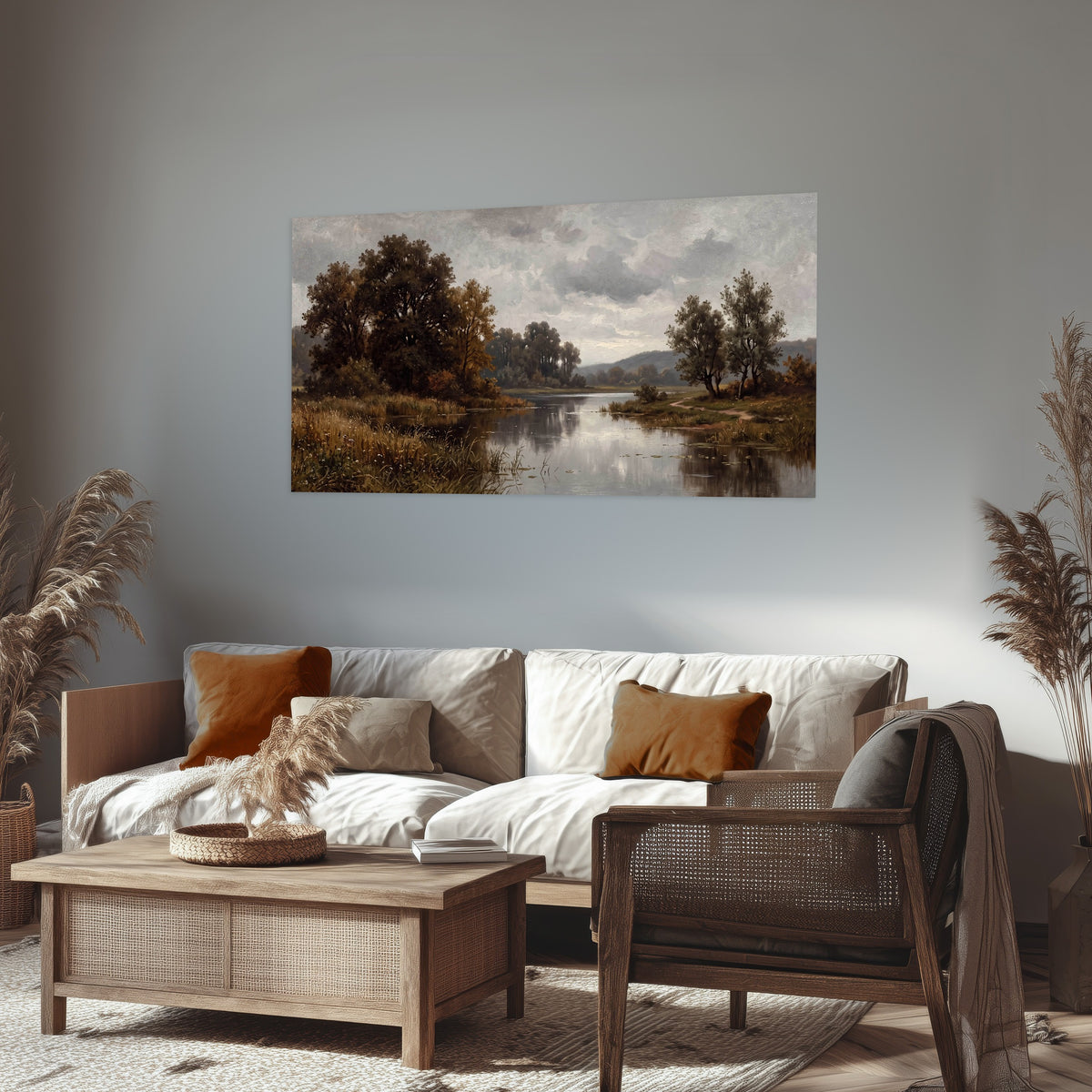 Autumn river landscape painting poster print in a rustic living room