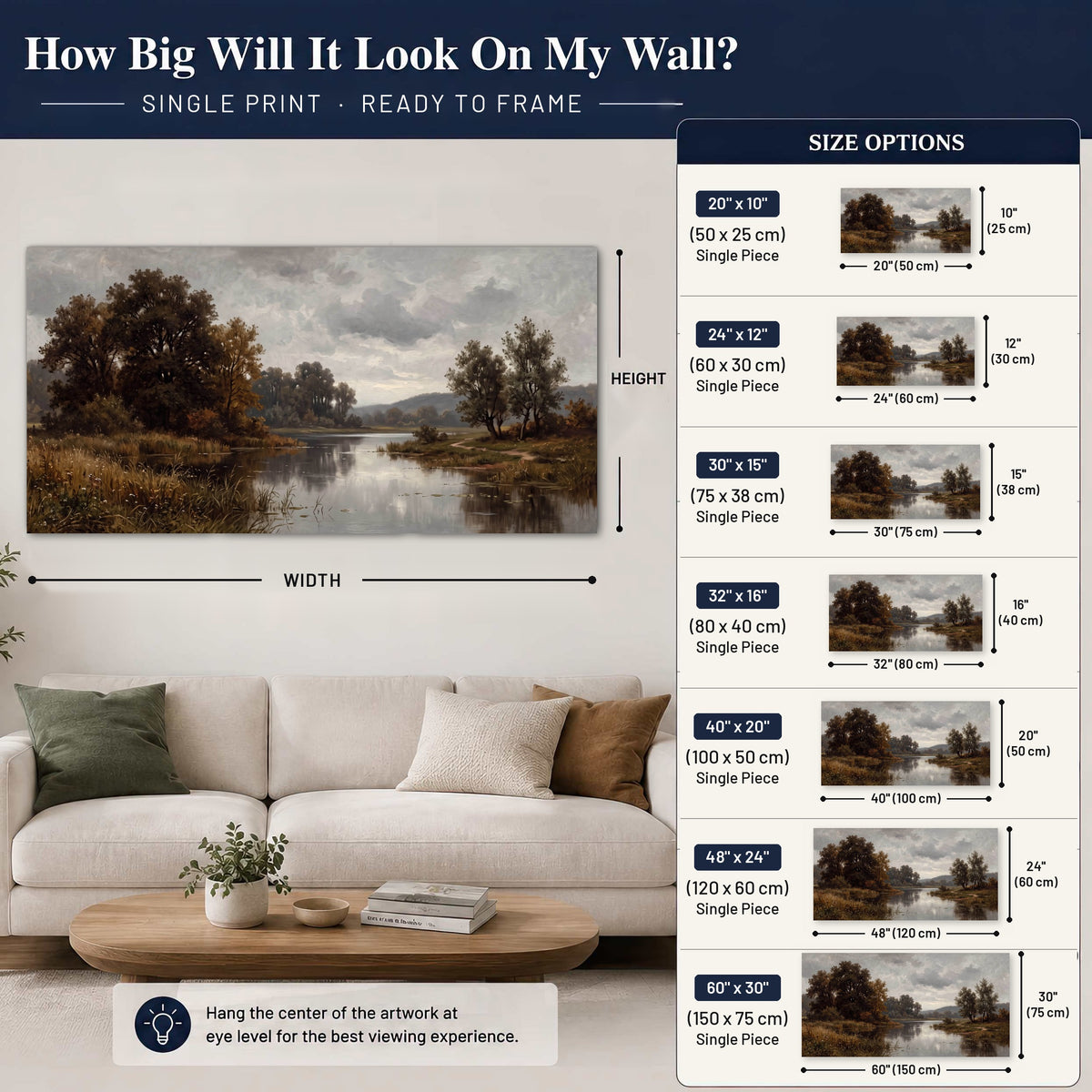 Autumn river landscape painting poster print size guide above a sofa