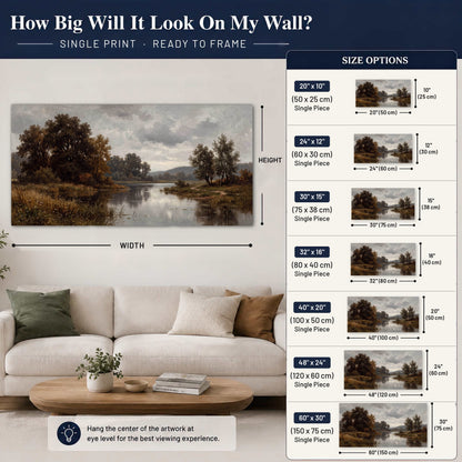 Autumn river landscape painting poster print size guide above a sofa