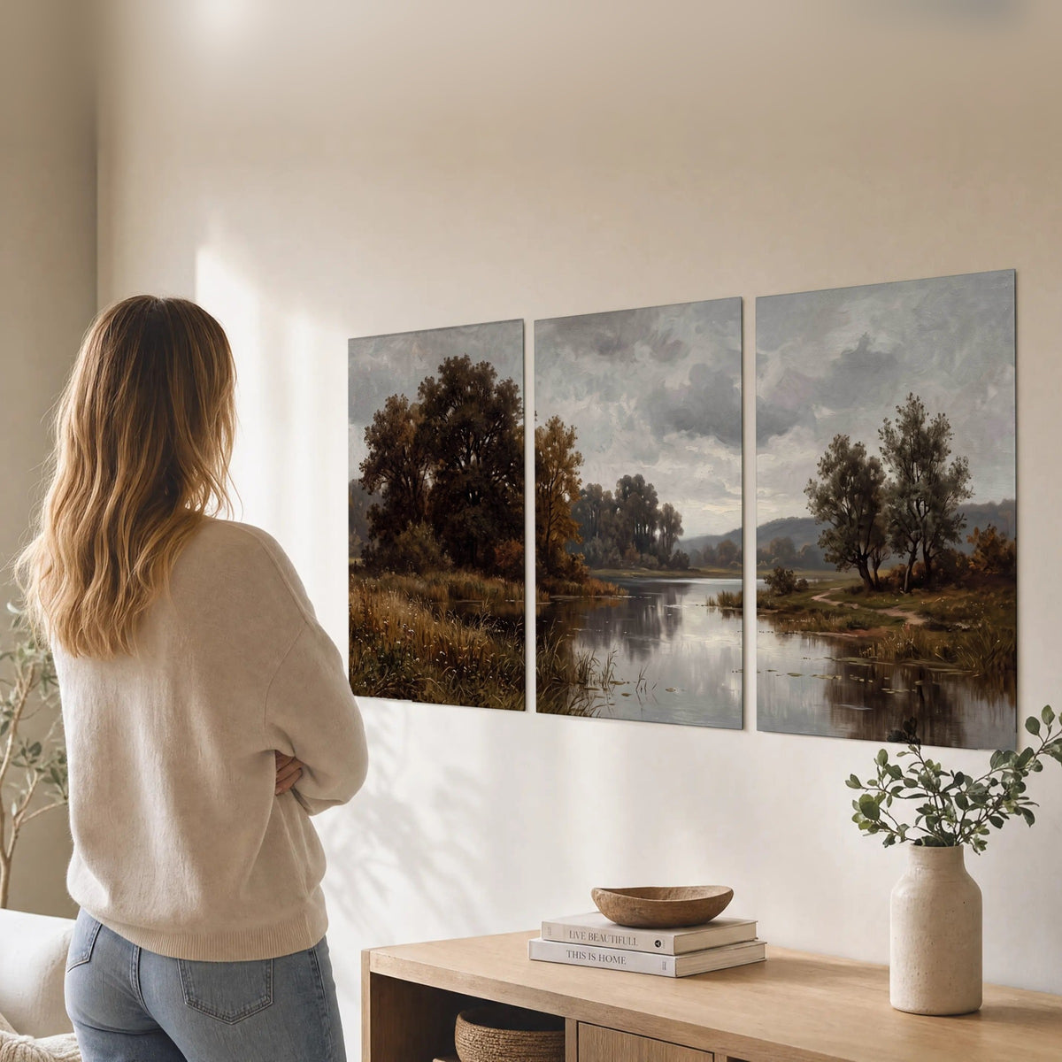Autumn river landscape painting set of 3 poster prints in a living room