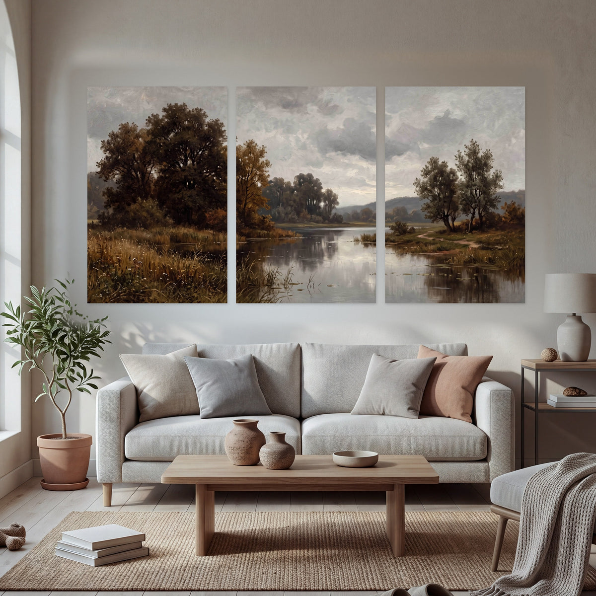Autumn river landscape painting set of 3 poster prints in a bright living room