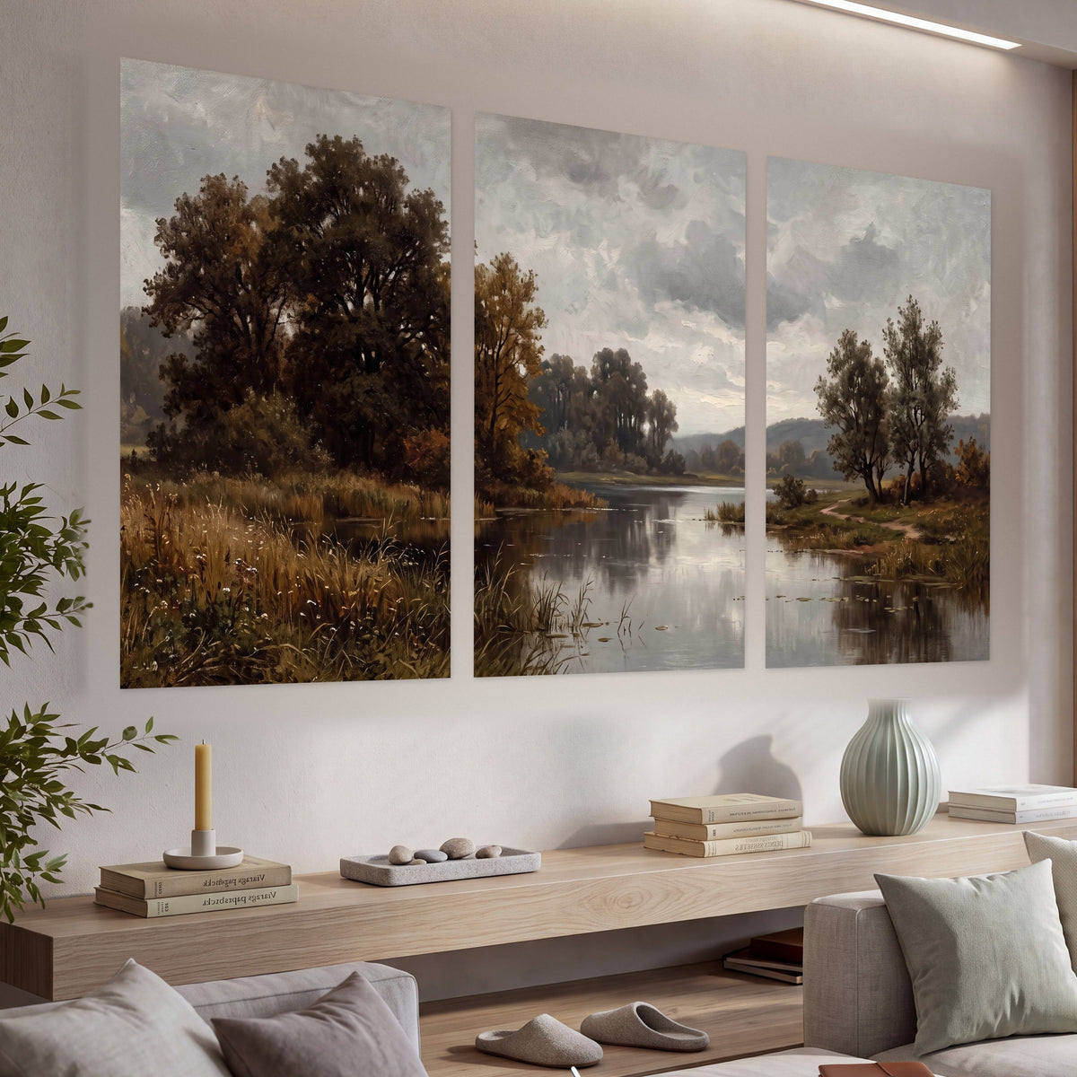 Autumn river landscape painting set of 3 poster prints in a living room above a console