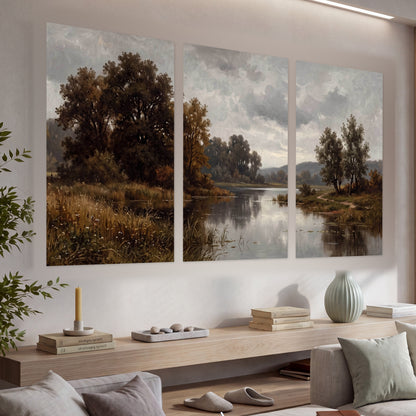 Autumn river landscape painting set of 3 poster prints in a living room above a console