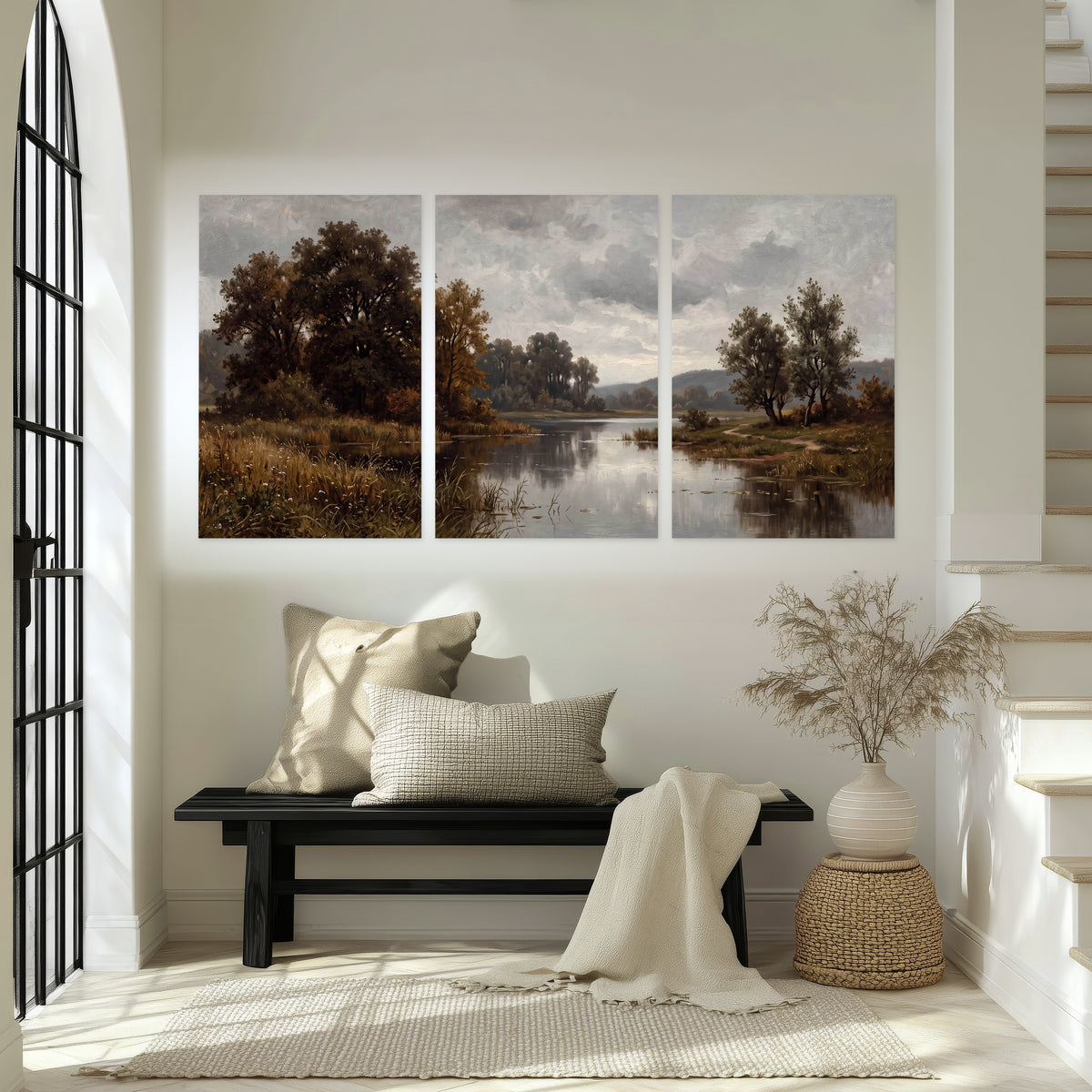 Autumn river landscape painting set of 3 poster prints in an entryway above a bench