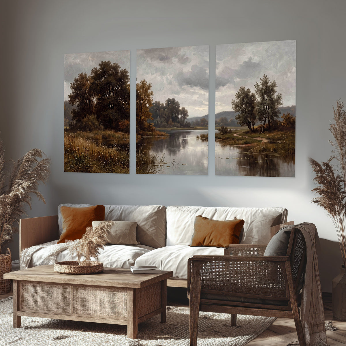 Autumn river landscape painting set of 3 poster prints in a rustic living room