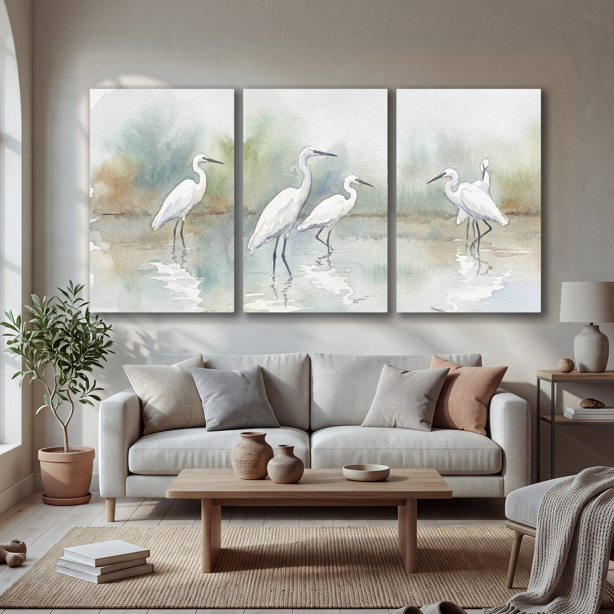 White egrets watercolor 3 piece canvas wall art in a bright living room