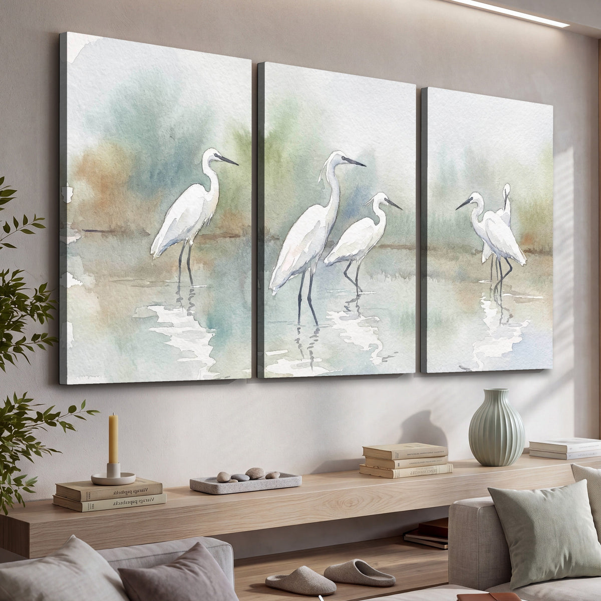 White egrets watercolor 3 piece canvas wall art in a living room above a console