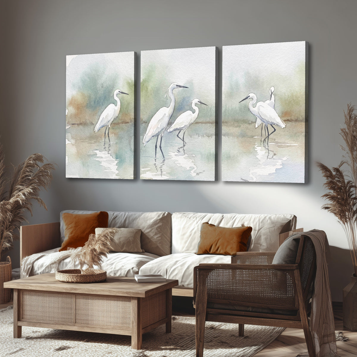 White egrets watercolor 3 piece canvas wall art in a rustic living room