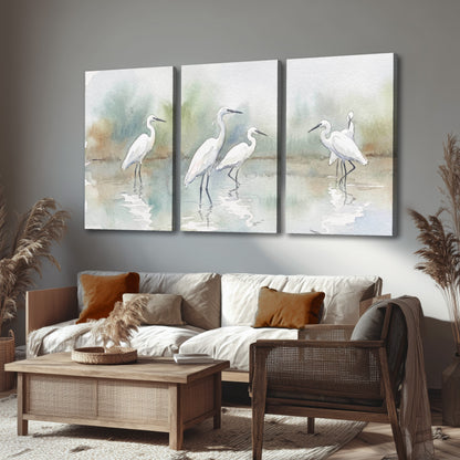 White egrets watercolor 3 piece canvas wall art in a rustic living room