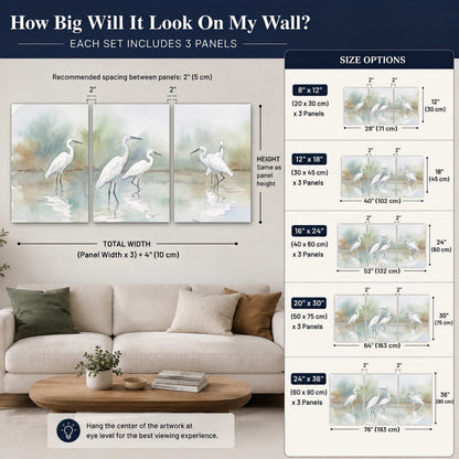 White egrets watercolor 3 piece canvas wall art size guide above a sofa