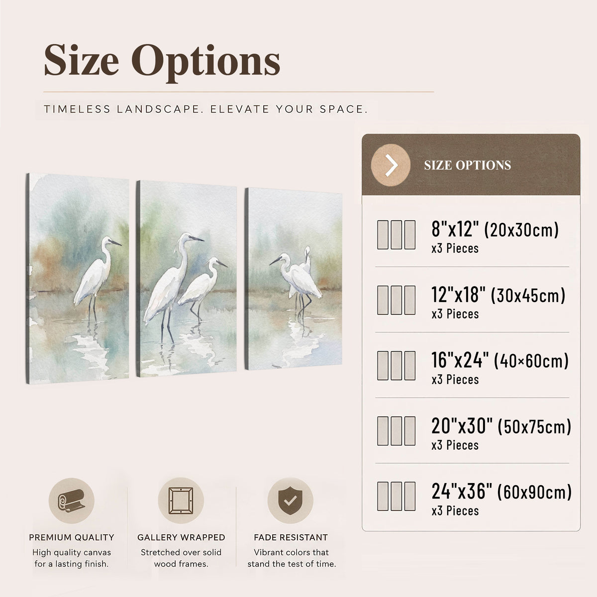 White egrets watercolor 3 piece canvas wall art size options