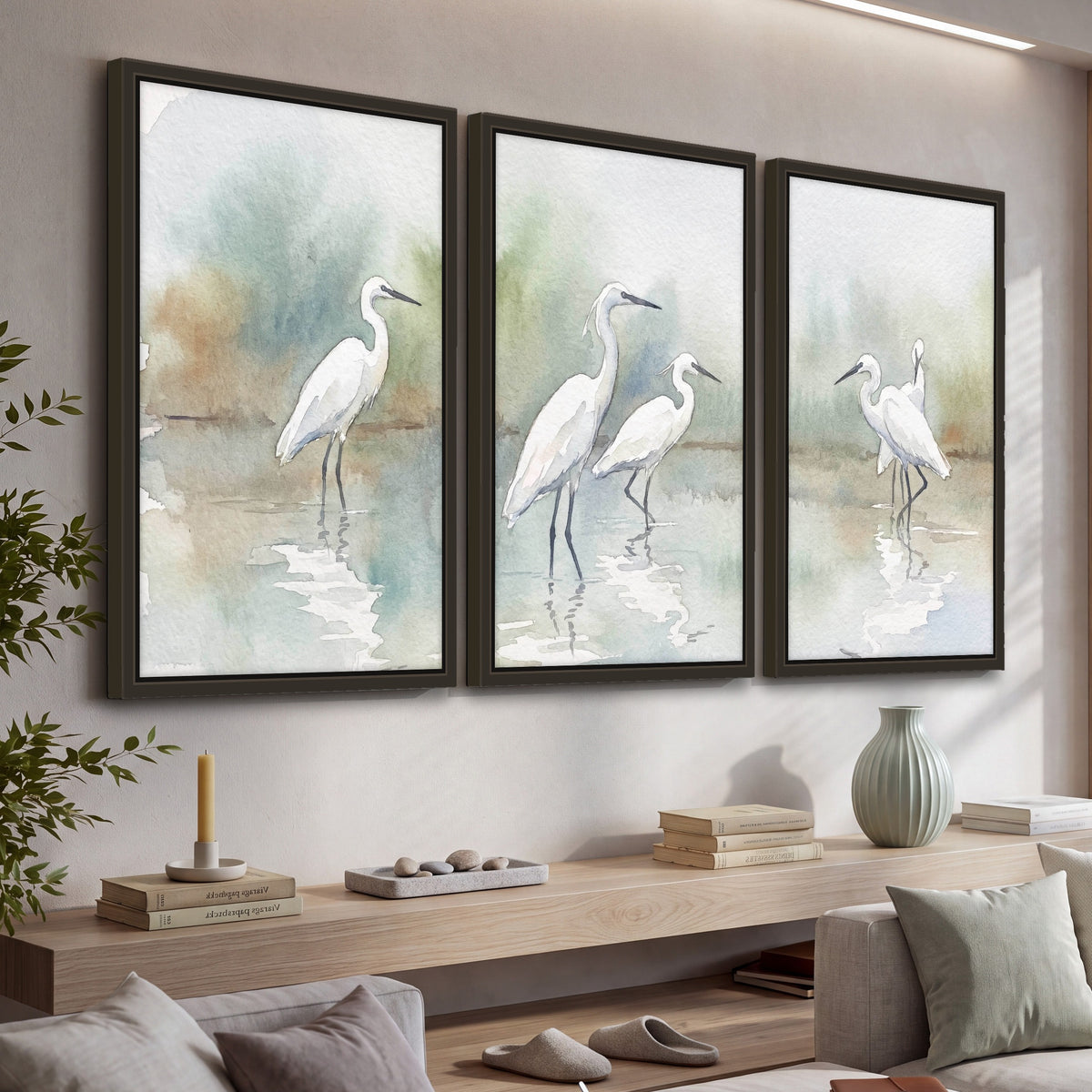 White egrets watercolor 3 piece framed canvas in a living room above a console