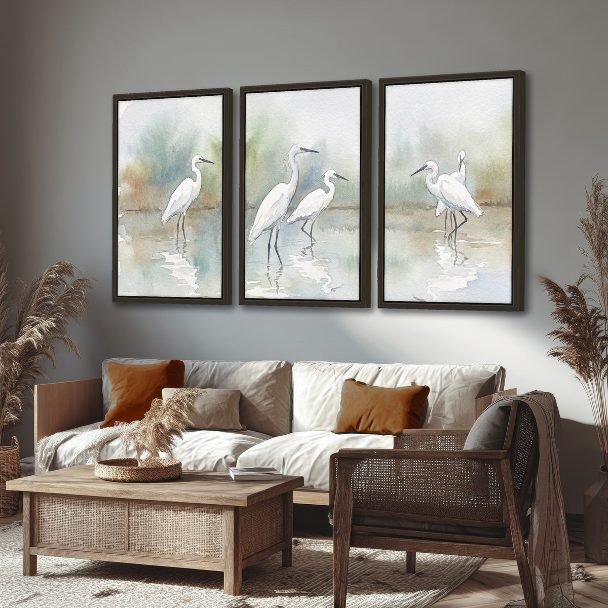 White egrets watercolor 3 piece framed canvas in a rustic living room