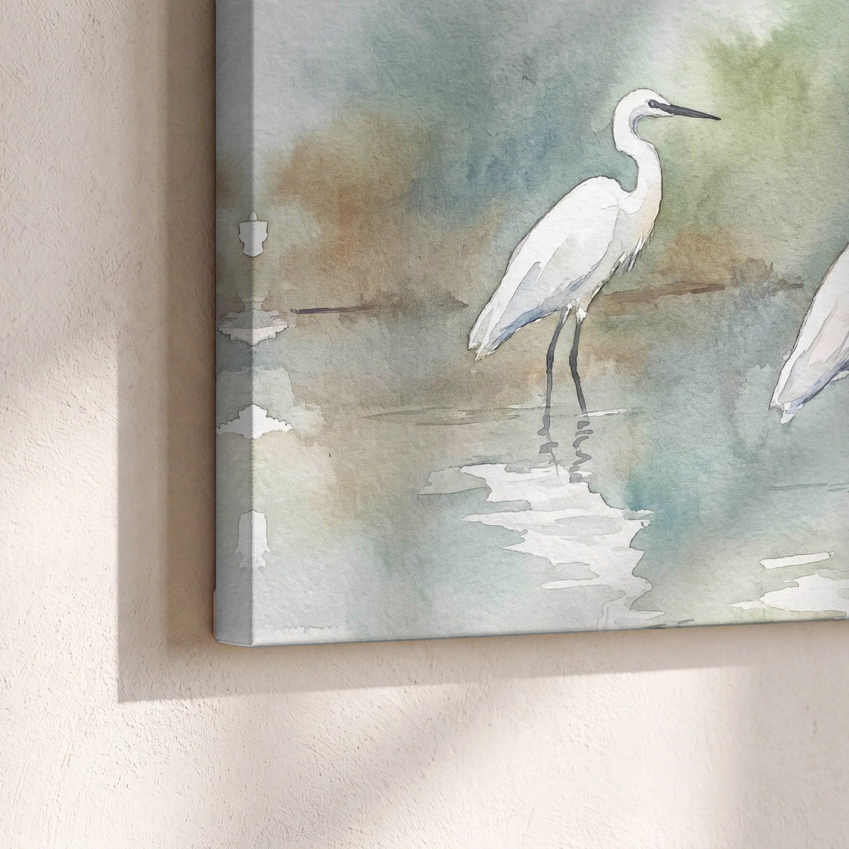 White egrets watercolor canvas print close-up showing the gallery-wrapped edge