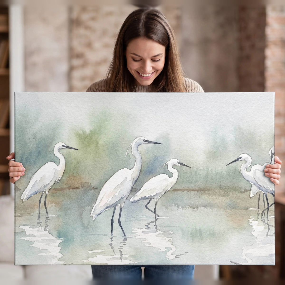 White egrets watercolor canvas wall art held in hands