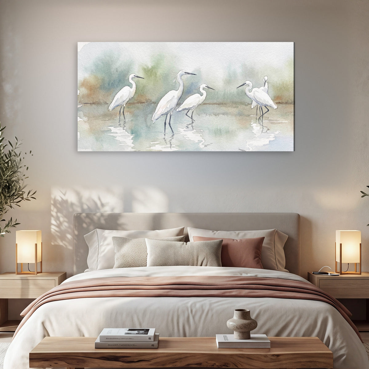 White egrets watercolor canvas wall art in a bedroom above the bed