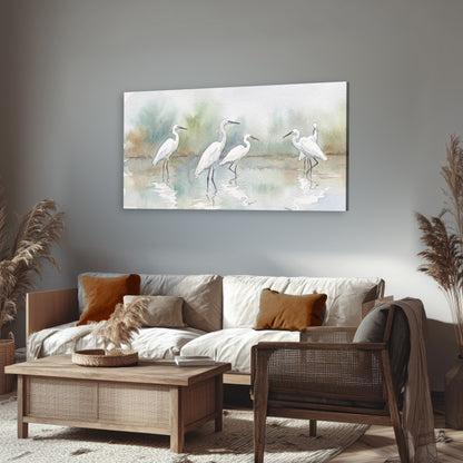 White egrets watercolor canvas wall art in a rustic living room