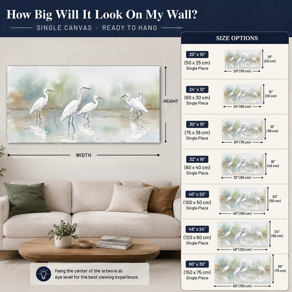 White egrets watercolor canvas wall art size guide above a sofa