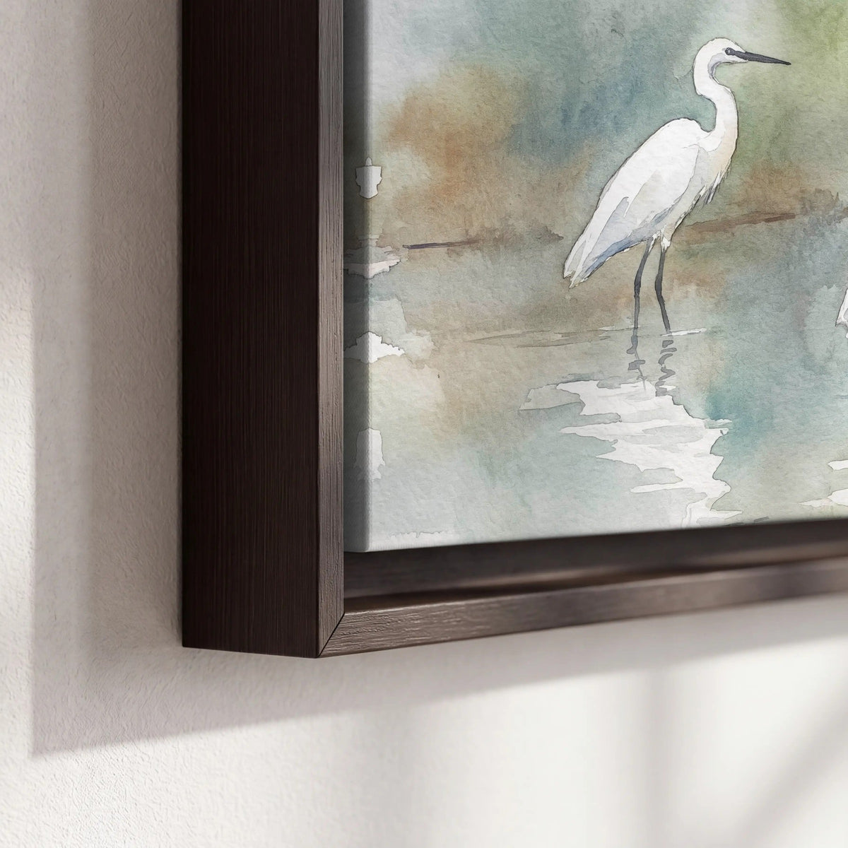 White egrets watercolor framed canvas close-up showing the floating frame