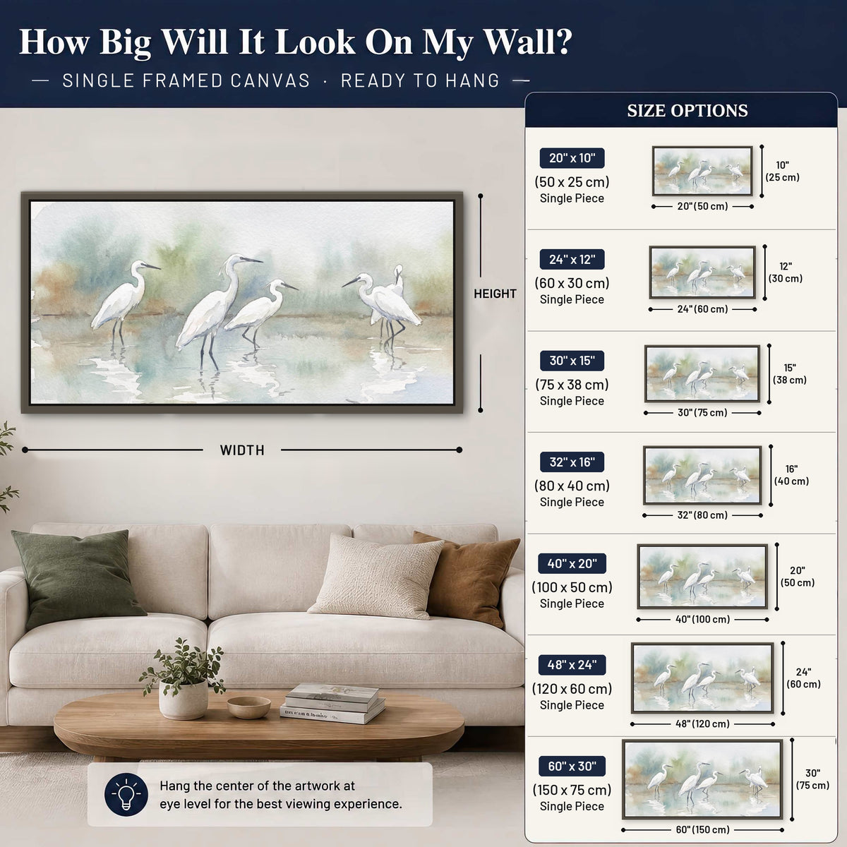 White egrets watercolor framed canvas wall art size guide above a sofa