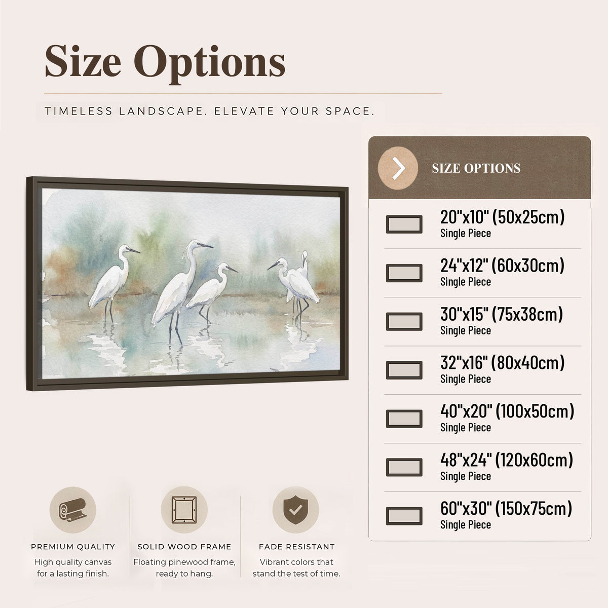 White egrets watercolor framed canvas wall art size options