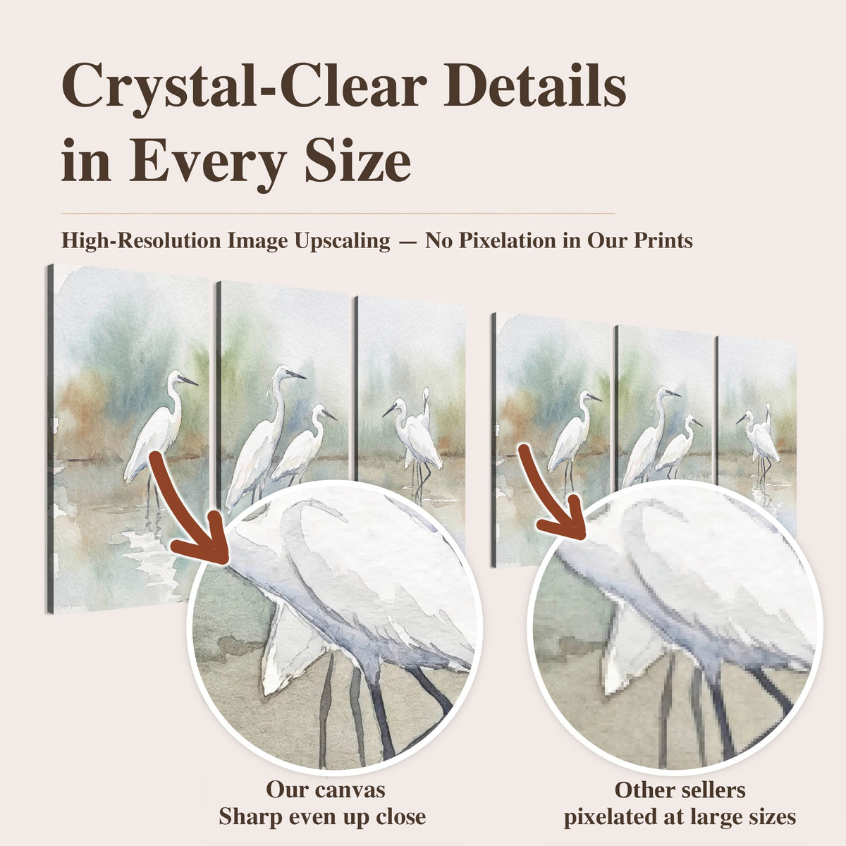 White egrets watercolor high-resolution print quality comparison
