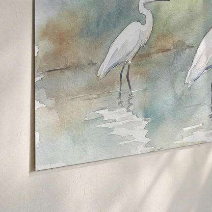 White egrets watercolor poster print close-up on matte paper