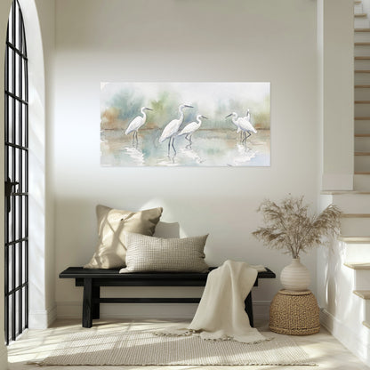 White egrets watercolor poster print in an entryway above a bench