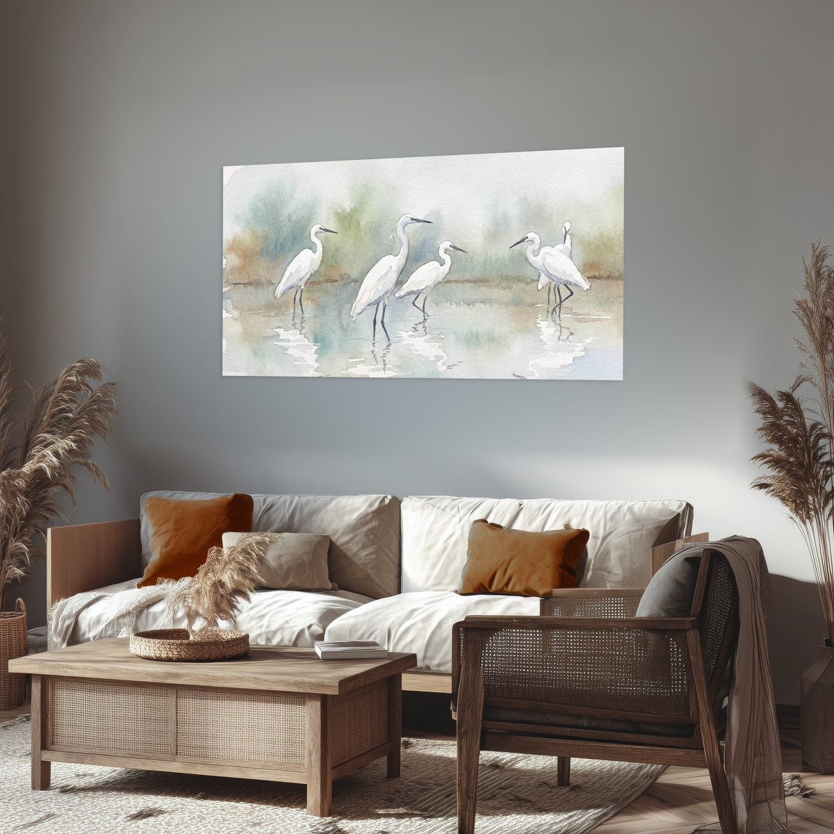 White egrets watercolor poster print in a rustic living room