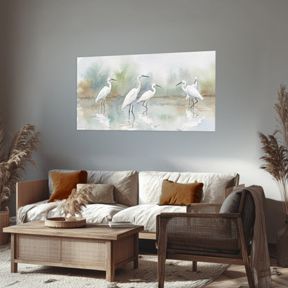 White egrets watercolor poster print in a rustic living room
