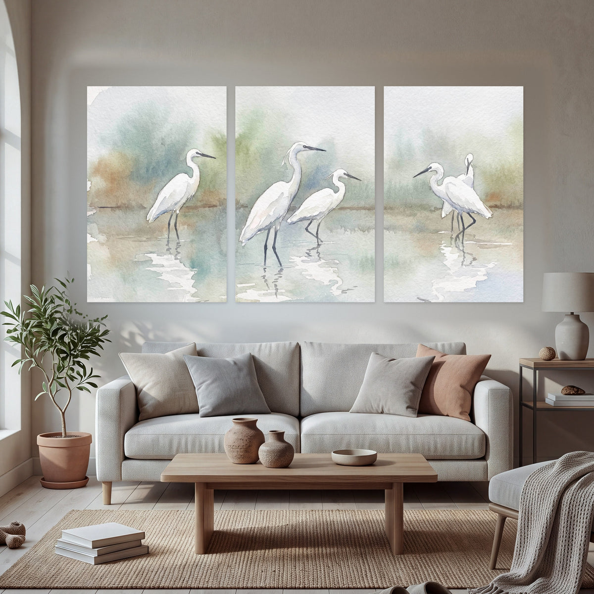 White egrets watercolor set of 3 poster prints in a bright living room