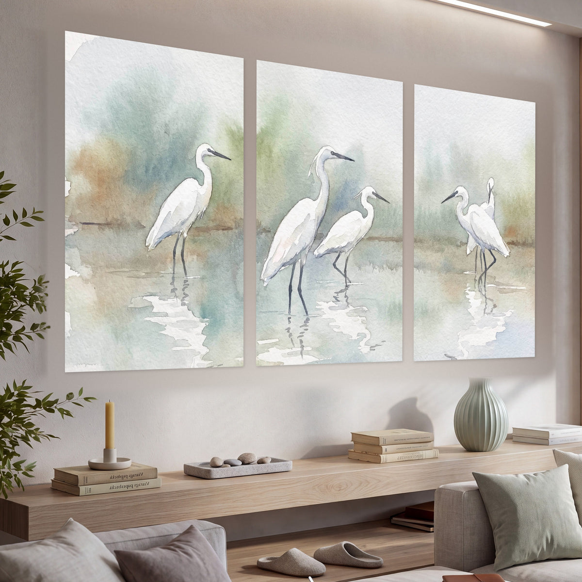 White egrets watercolor set of 3 poster prints in a living room above a console
