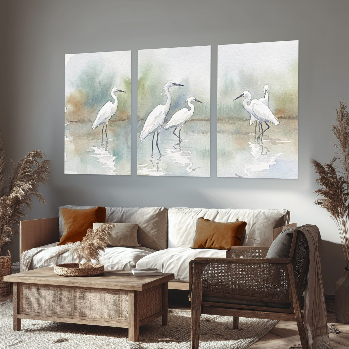 White egrets watercolor set of 3 poster prints in a rustic living room