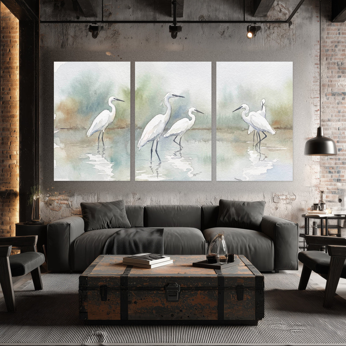 White egrets watercolor set of 3 poster prints in an industrial loft