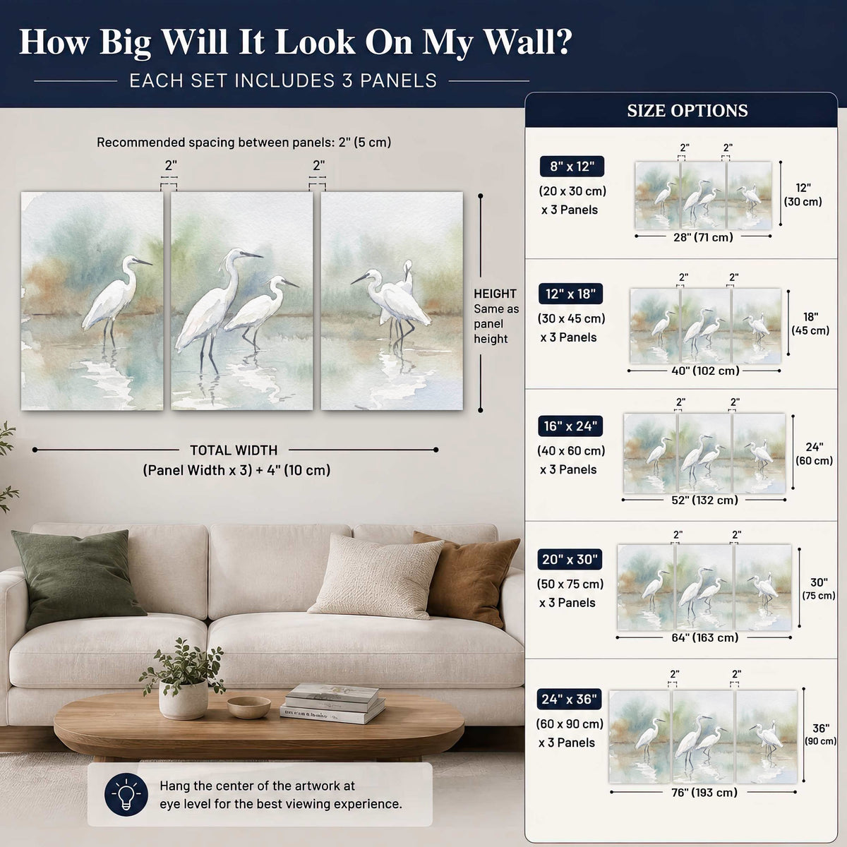 White egrets watercolor set of 3 poster prints size guide above a sofa