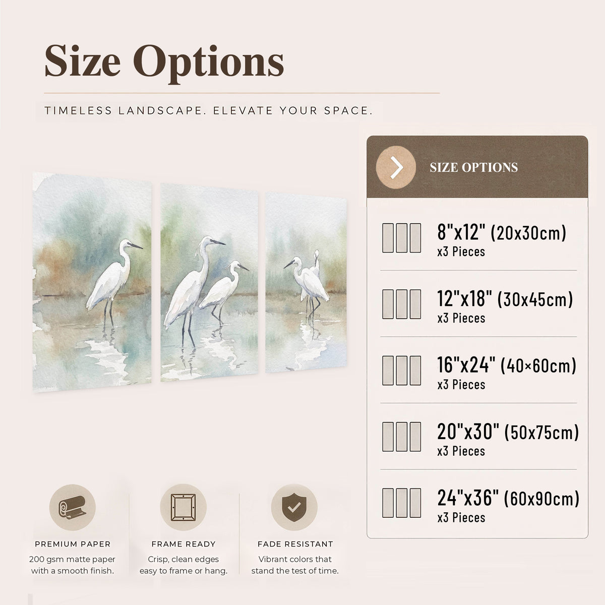 White egrets watercolor set of 3 poster prints size options