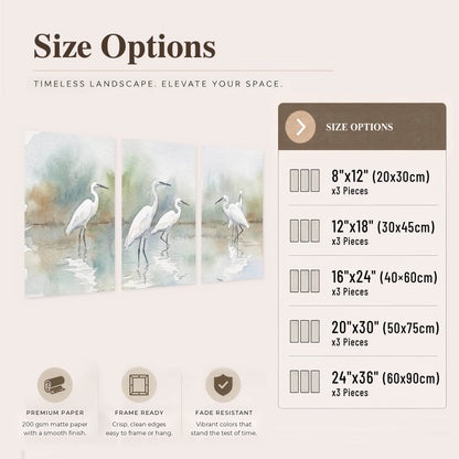 White egrets watercolor set of 3 poster prints size options