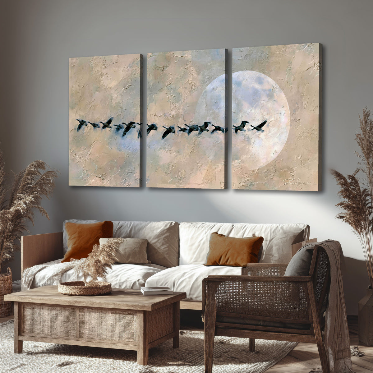 Geese flying across the moon painting 3 piece canvas wall art in a rustic living room