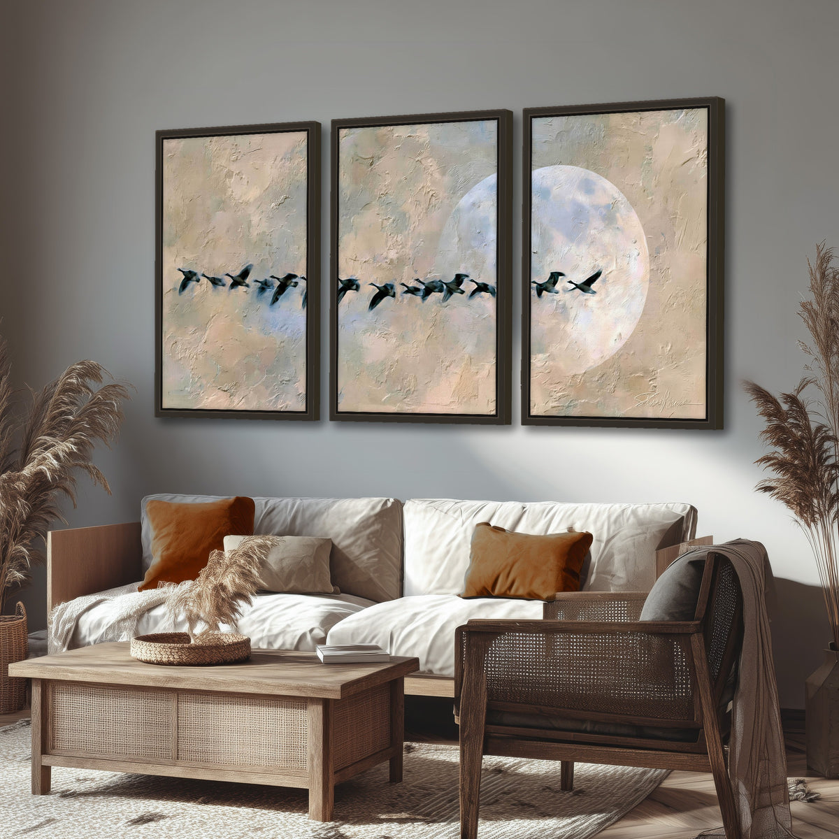 Geese flying across the moon painting 3 piece framed canvas in a rustic living room
