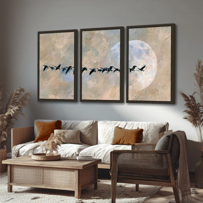 Geese flying across the moon painting 3 piece framed canvas in a rustic living room