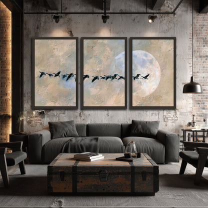 Geese flying across the moon painting 3 piece framed canvas in an industrial loft