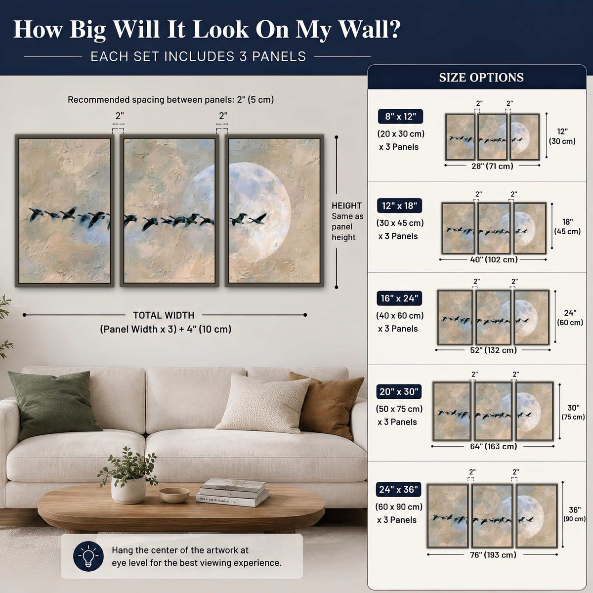Geese flying across the moon painting 3 piece framed canvas size guide above a sofa