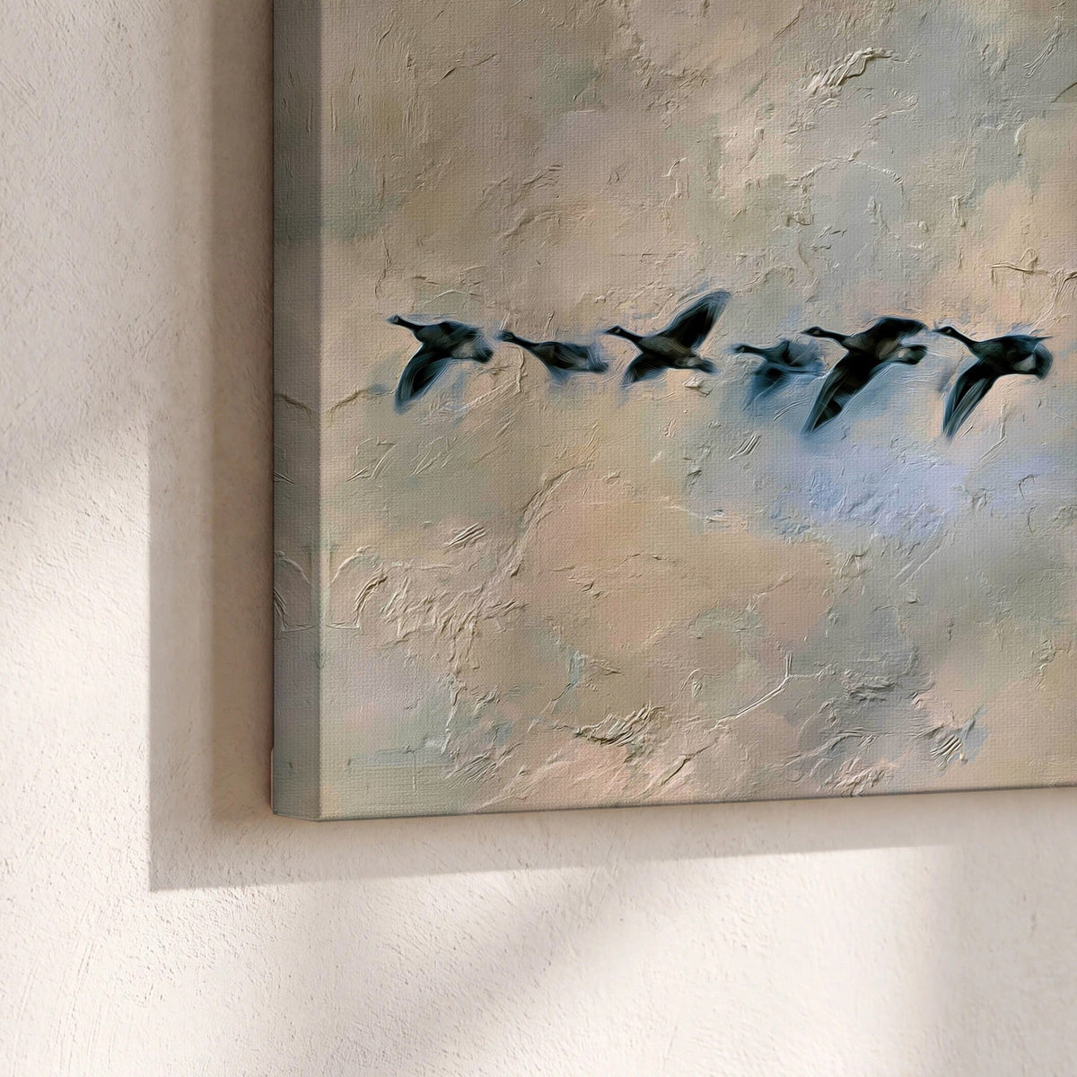 Geese flying across the moon painting canvas print close-up showing the gallery-wrapped edge