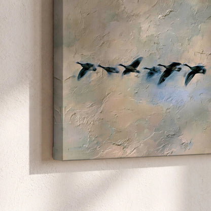 Geese flying across the moon painting canvas print close-up showing the gallery-wrapped edge