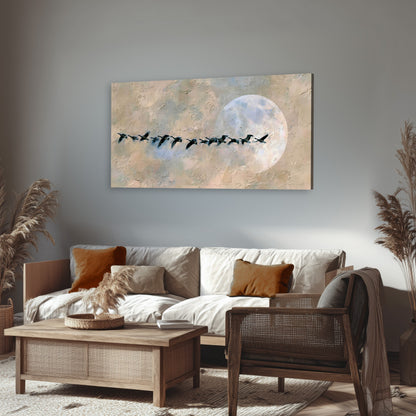 Geese flying across the moon painting canvas wall art in a rustic living room
