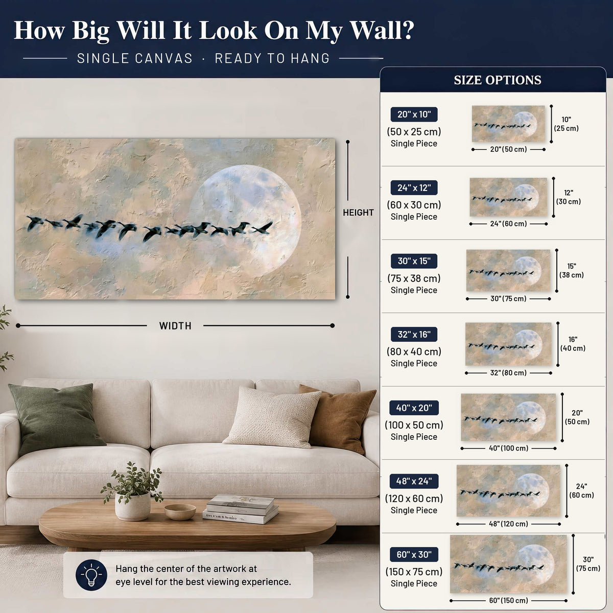 Geese flying across the moon painting canvas wall art size guide above a sofa