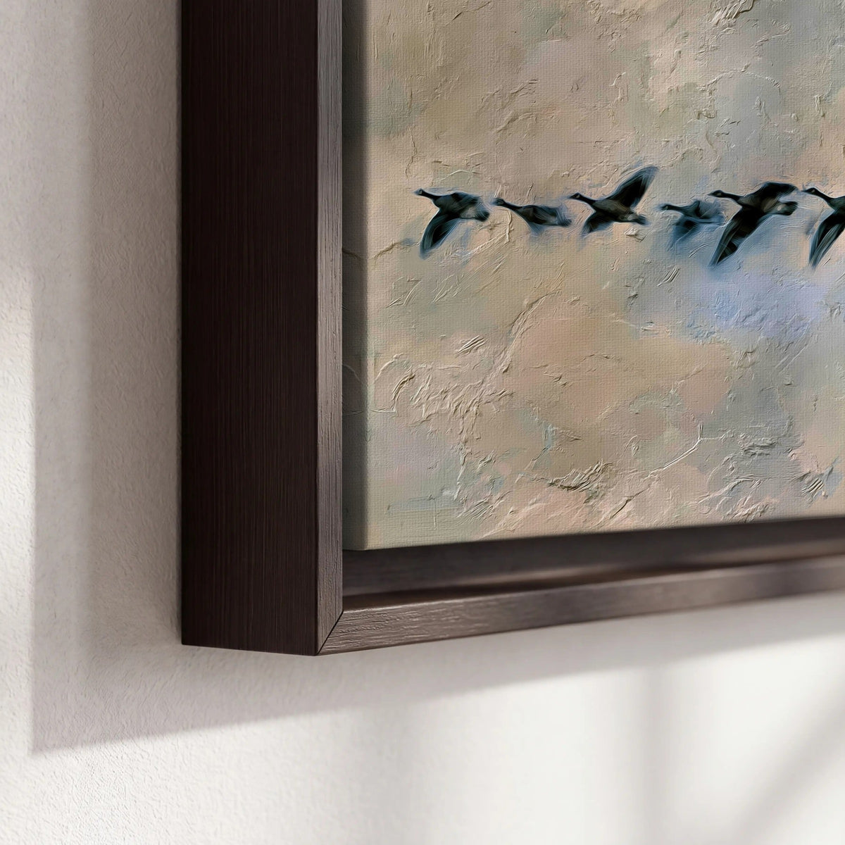 Geese flying across the moon painting framed canvas close-up showing the floating frame