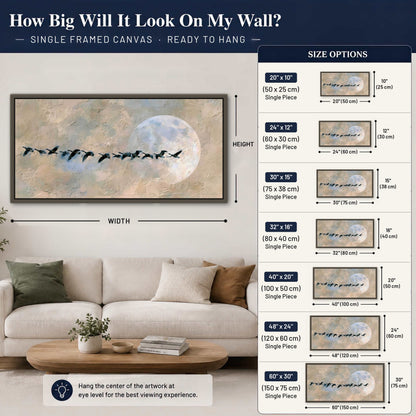 Geese flying across the moon painting framed canvas wall art size guide above a sofa