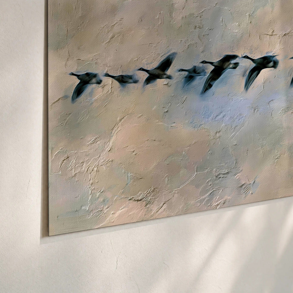 Geese flying across the moon painting poster print close-up on matte paper