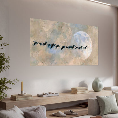 Geese flying across the moon painting poster print in a living room above a console